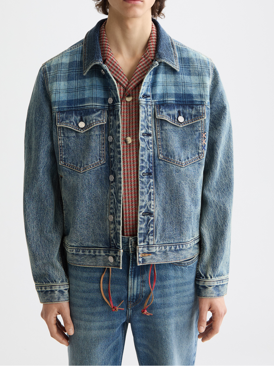 Denim trucker jacket with contrast check panelling – Scotch & Soda