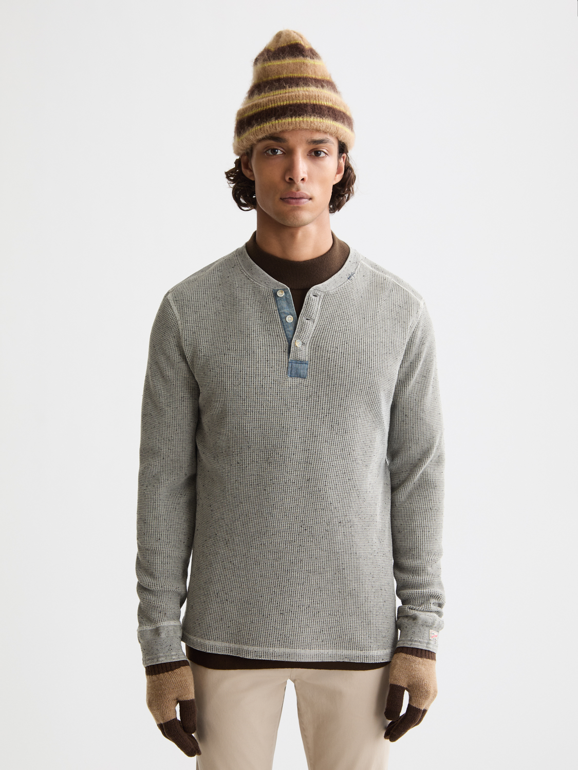 long sleeve henley with chambray details
