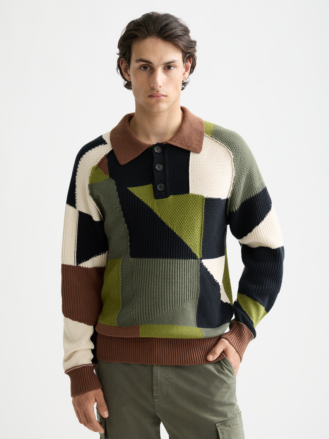 Patch work long sleeve polo