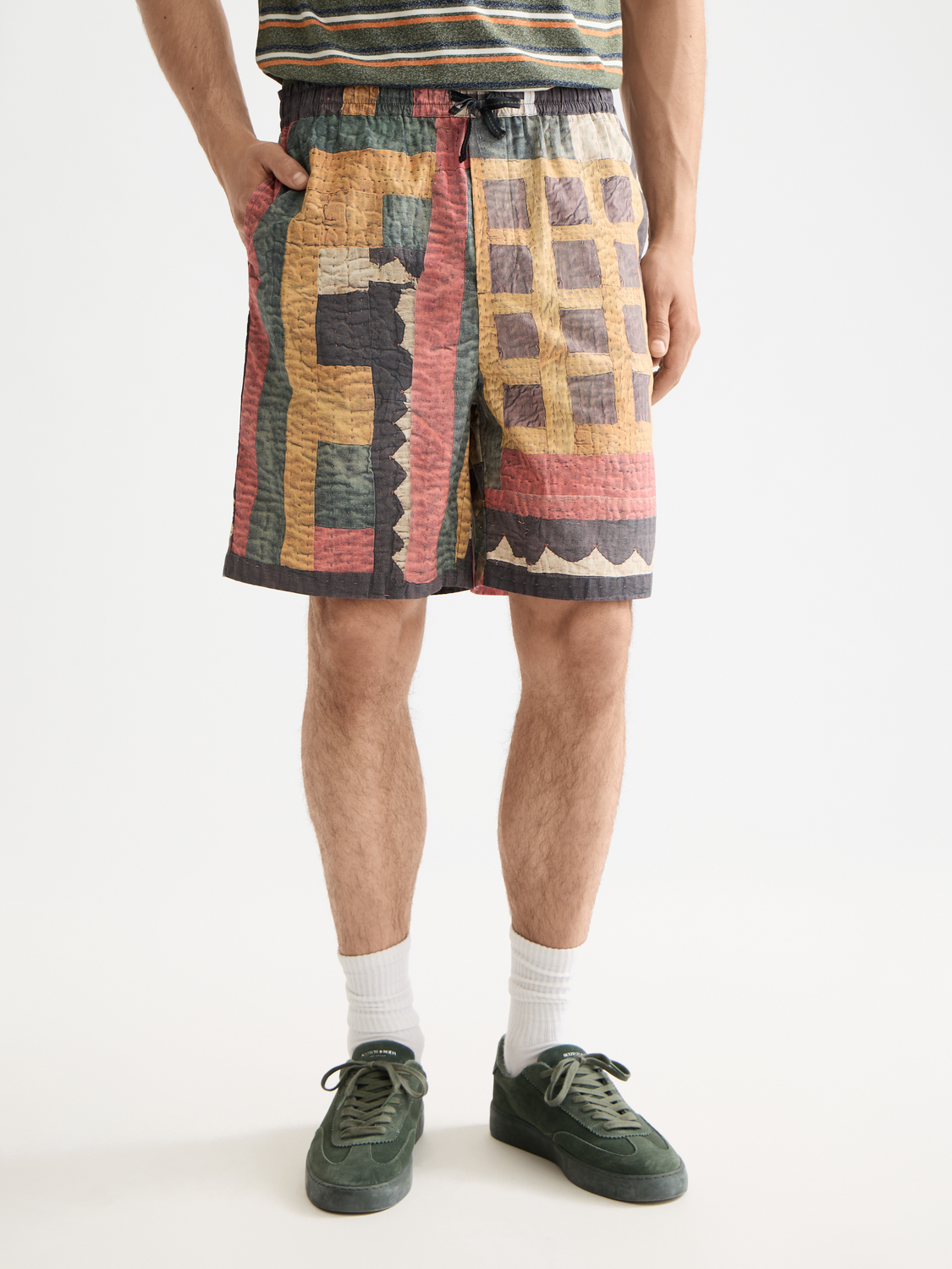 Printed patchwork cotton-poplin loose bermuda