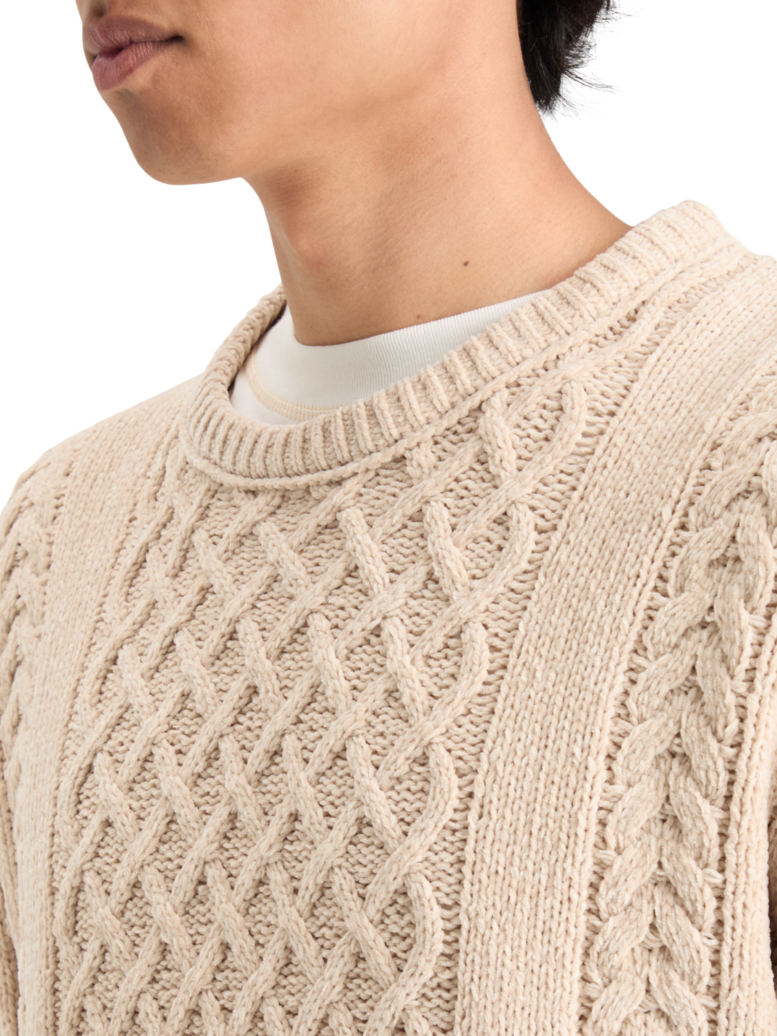 ROUND NECK EXTRA DROPPED SHOULDER CHENILLE CABLE SWEATER