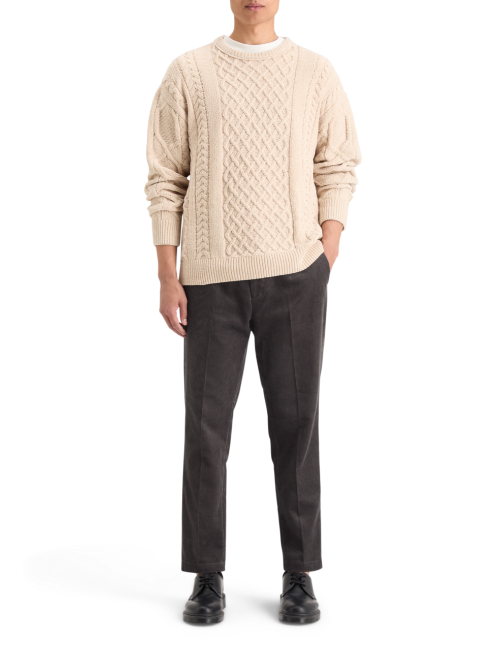 ROUND NECK EXTRA DROPPED SHOULDER CHENILLE CABLE SWEATER