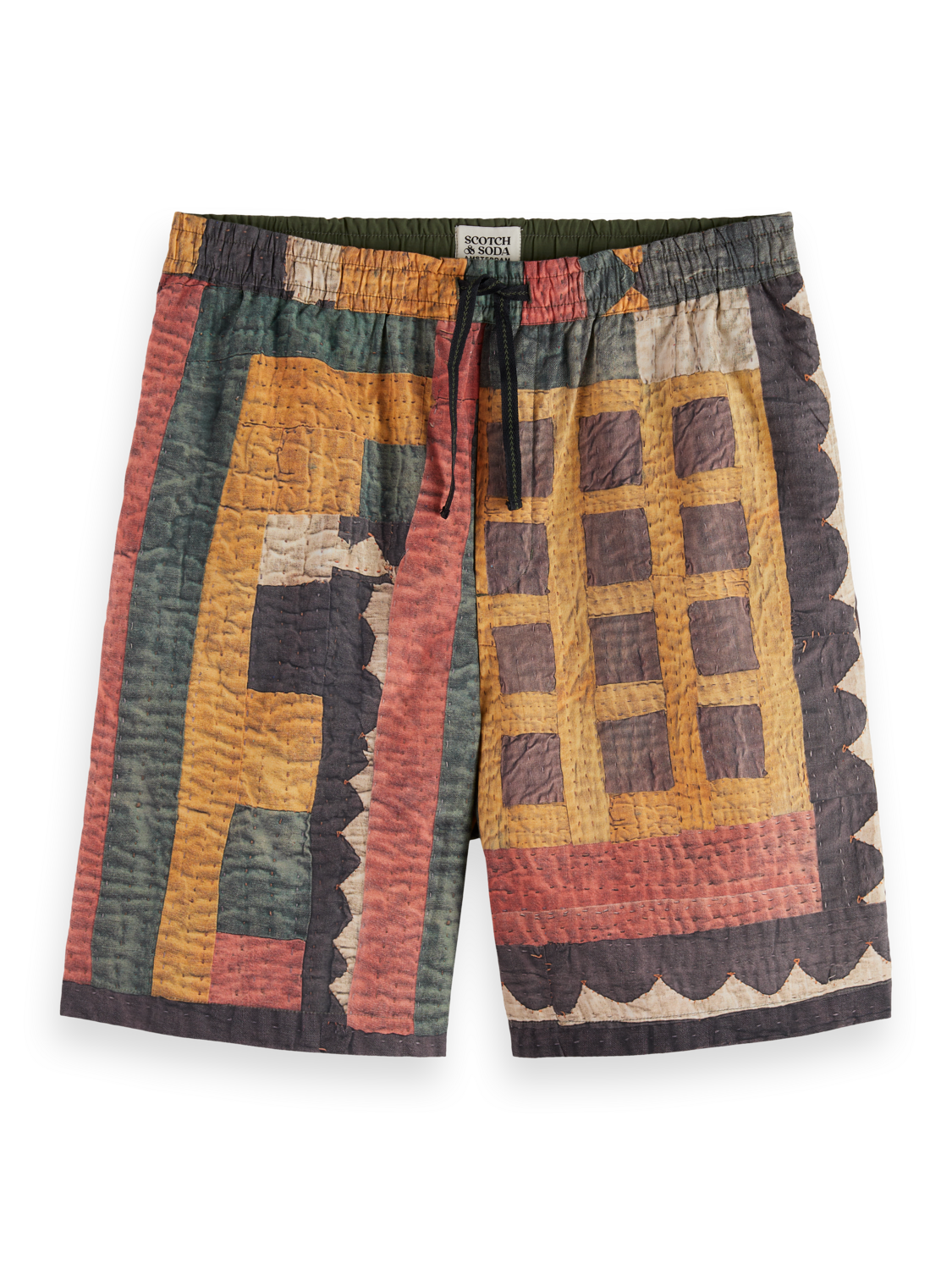 Printed patchwork cotton-poplin loose bermuda