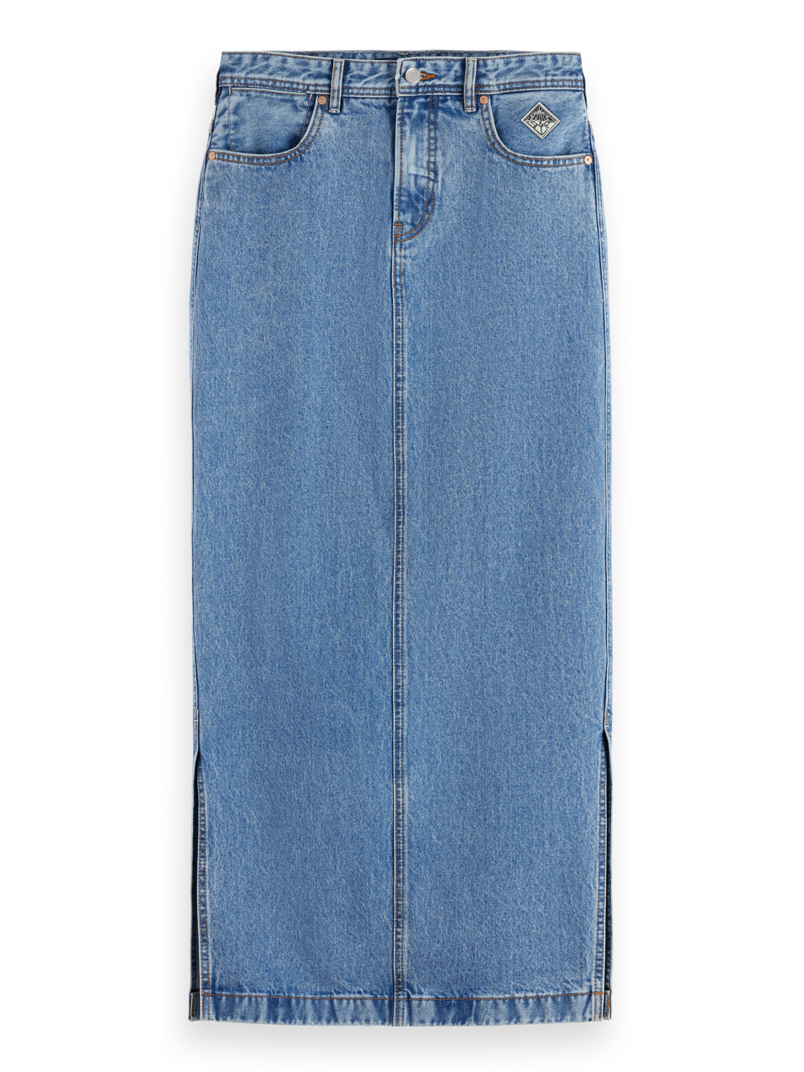 Low rise denim maxi skirt