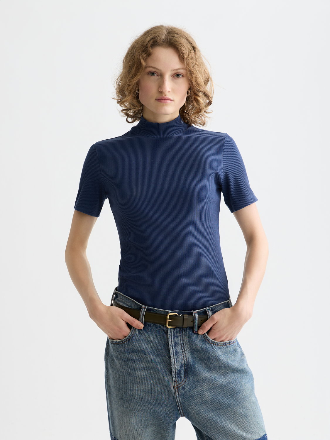 Mock neck rib T-shirt