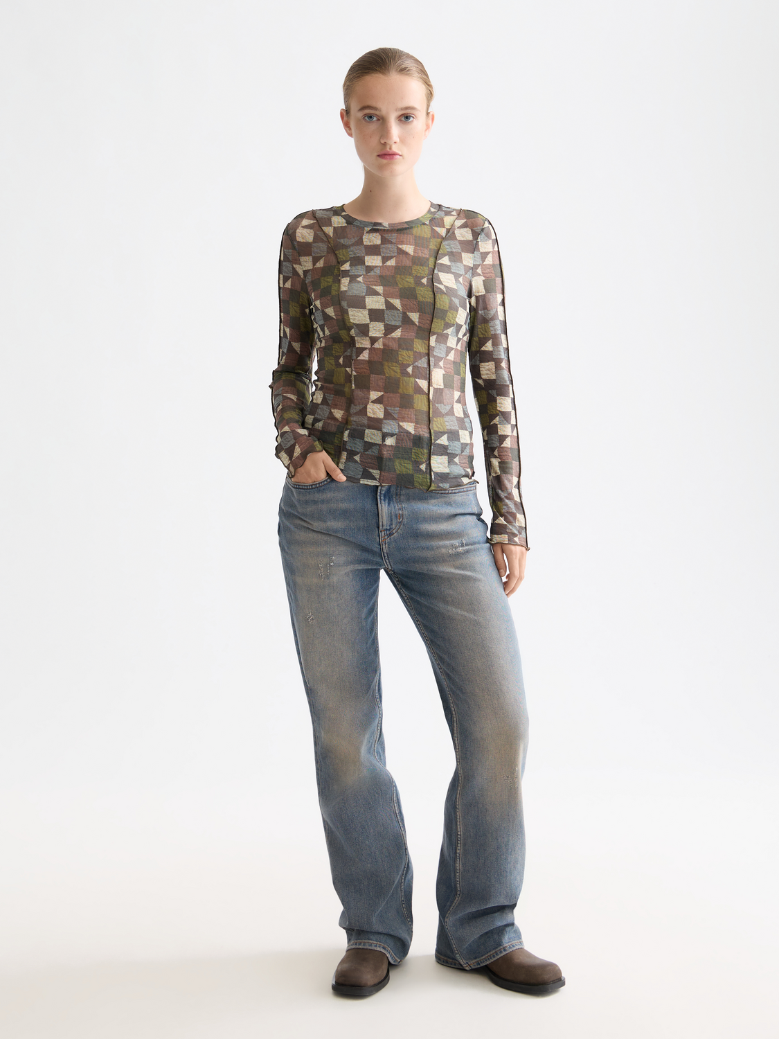 All over printed mesh long sleeve T-shirt
