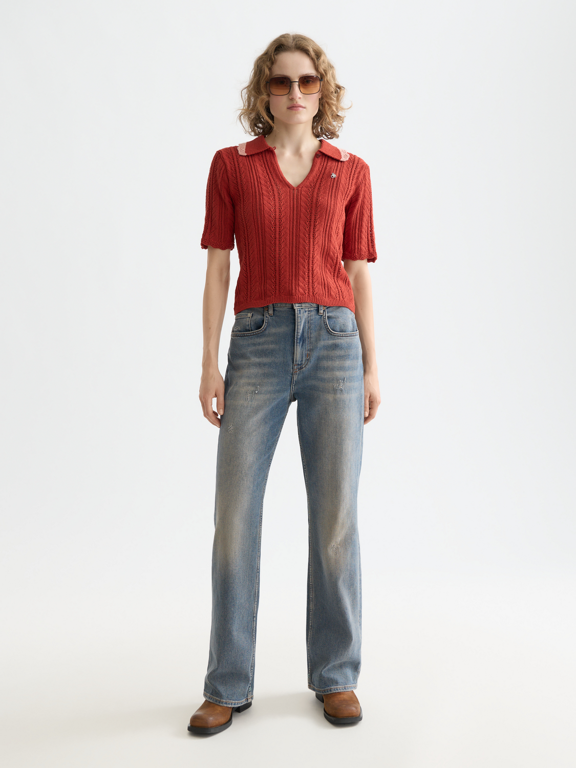 Pointelle collared knitted polo