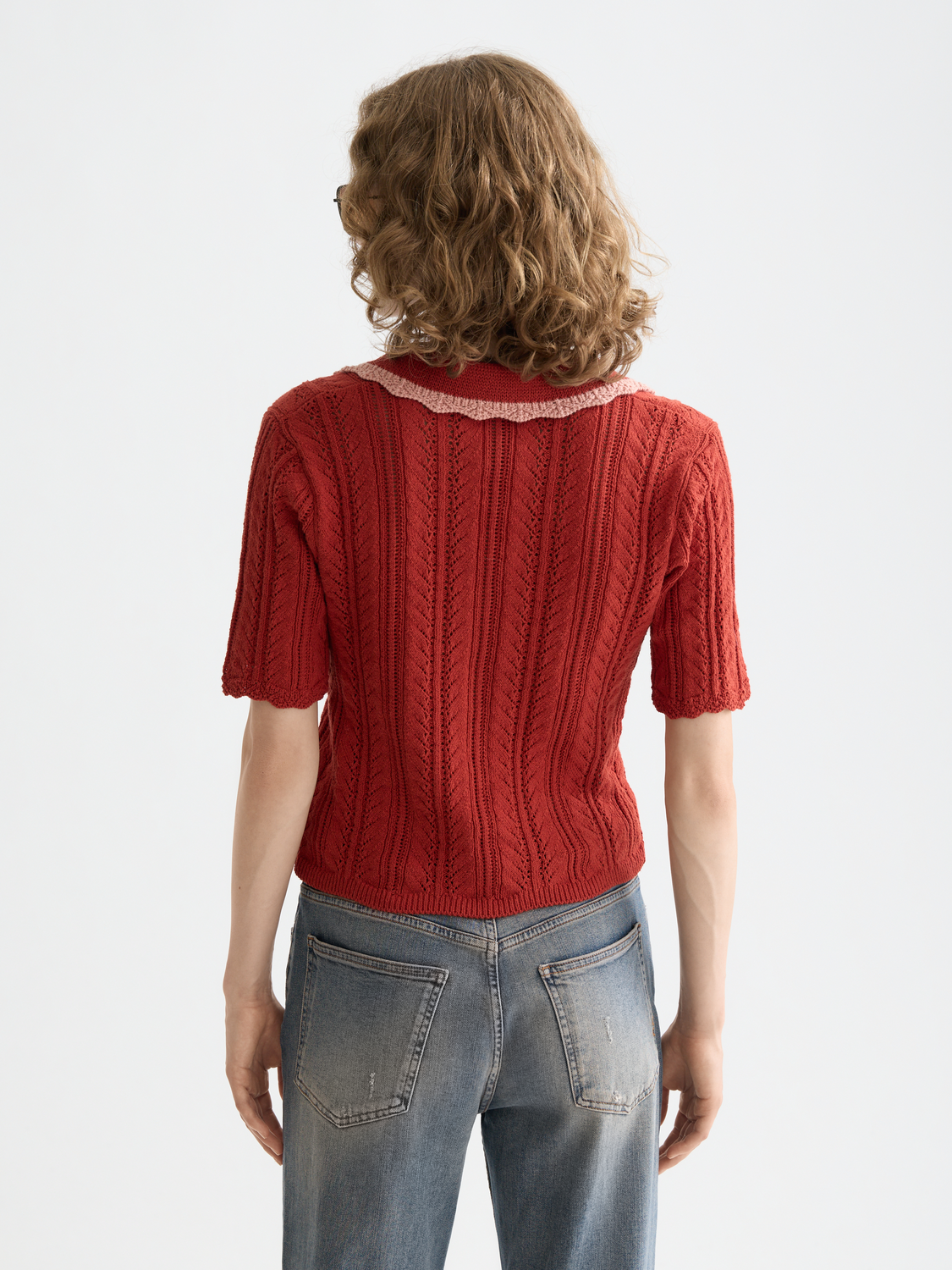 Pointelle collared knitted polo