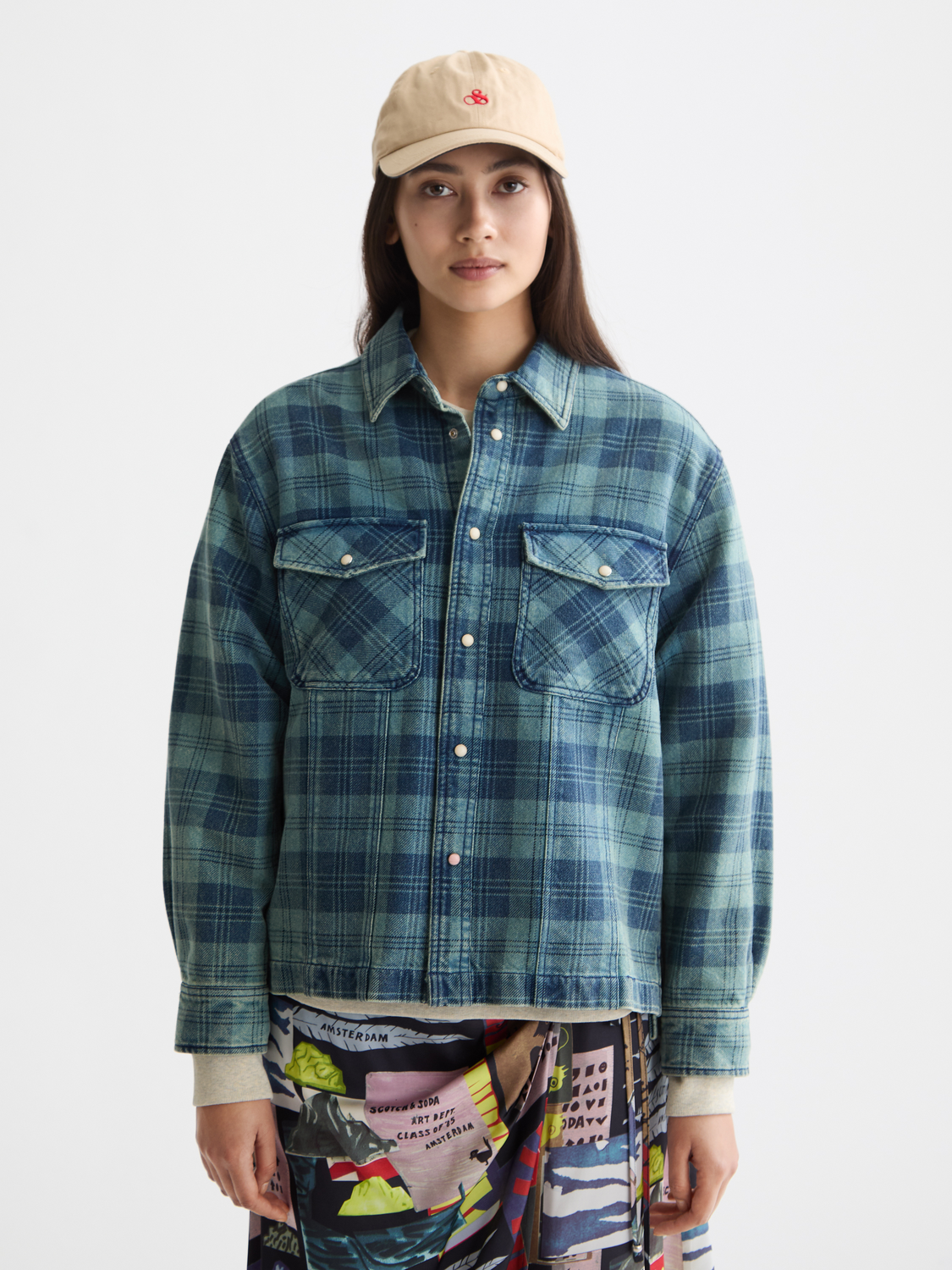 Washed denim checked overshirt
