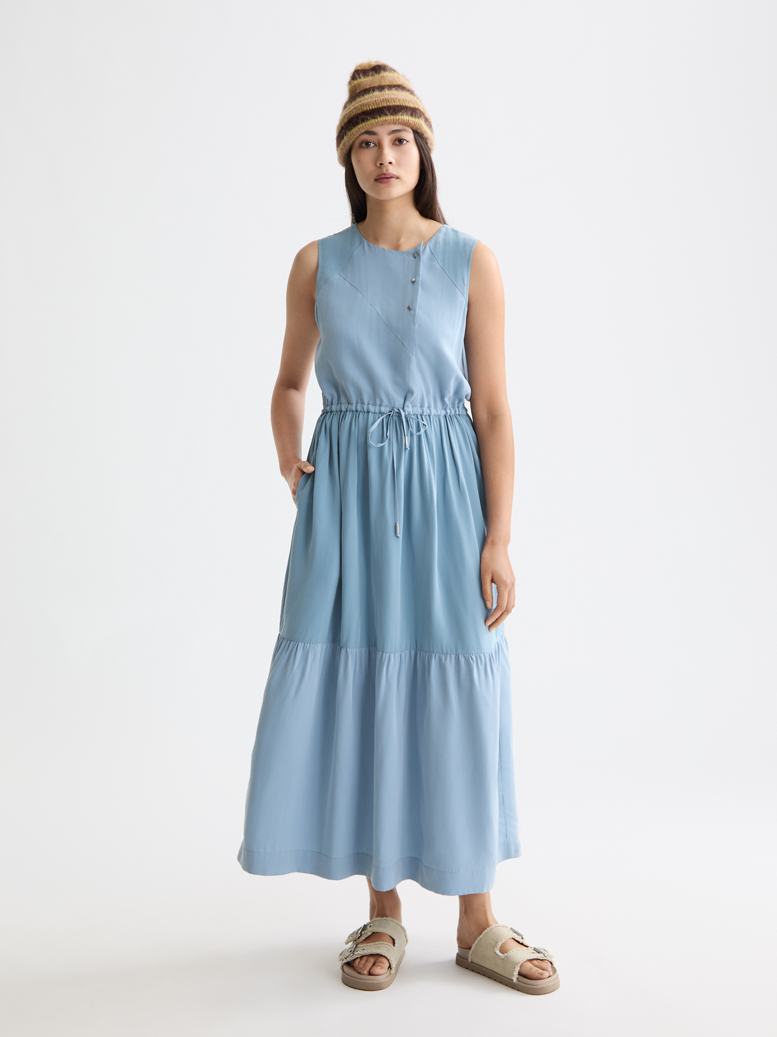 Midi dress with gathered waist
