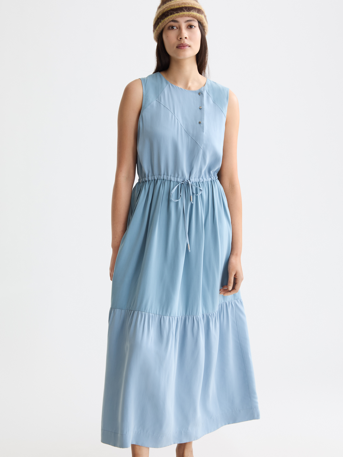 Midi dress with gathered waist