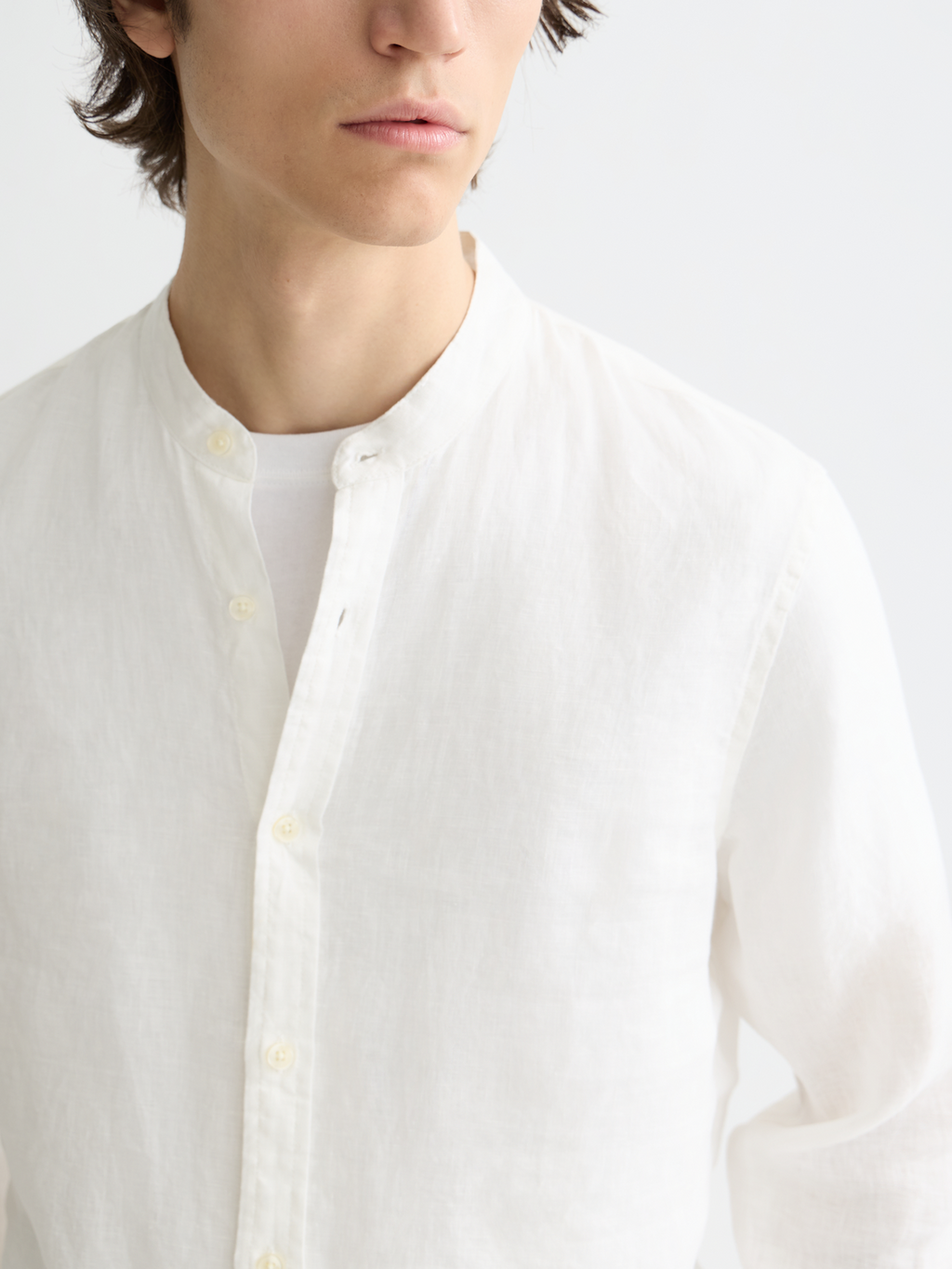 Essentials Collarless Linen Shirt - OFF WHITE