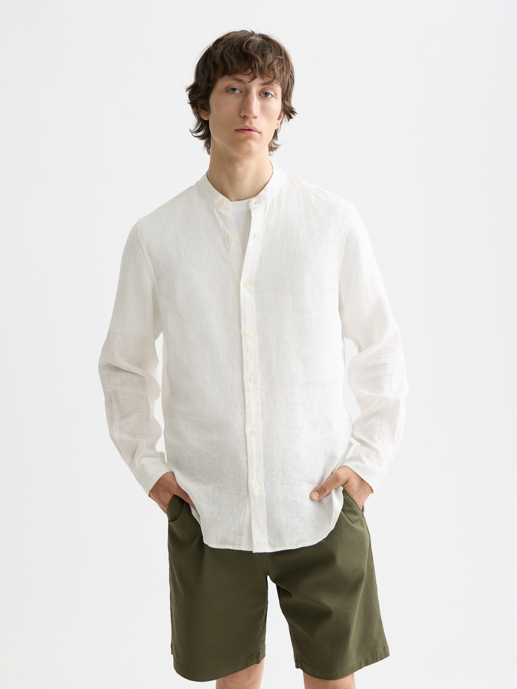 Essentials Collarless Linen Shirt - OFF WHITE