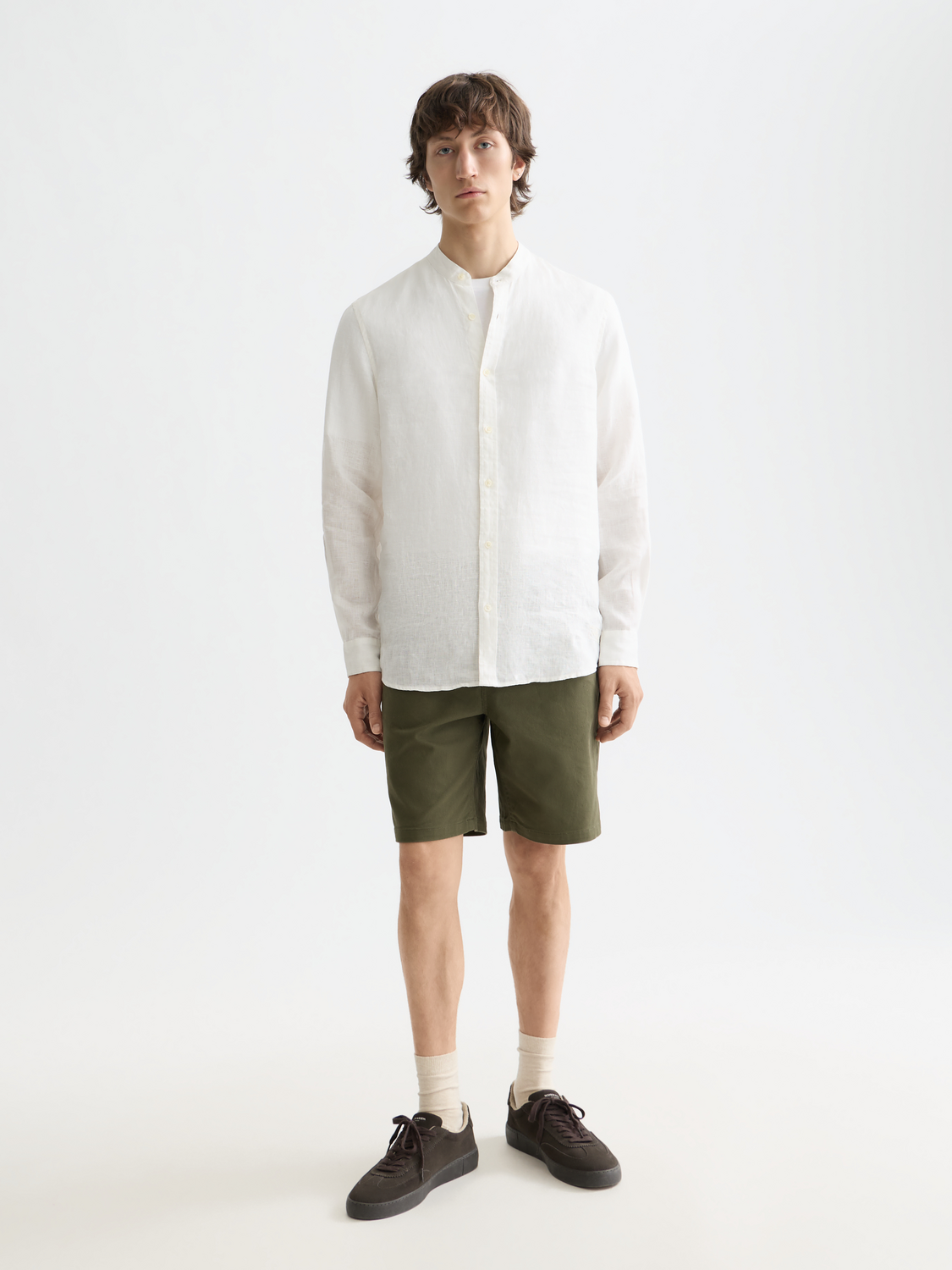 Essentials Collarless Linen Shirt - OFF WHITE