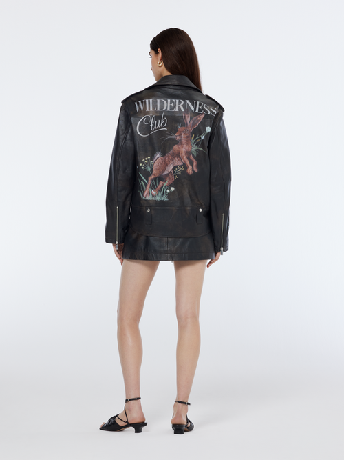 Oversized leather jacket with graphic