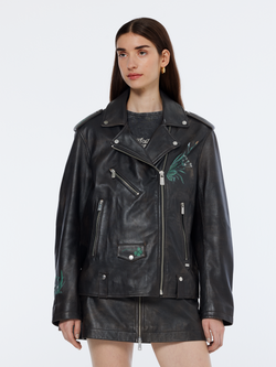 Oversized leather jacket with graphic