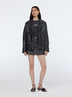 Oversized leather jacket with graphic