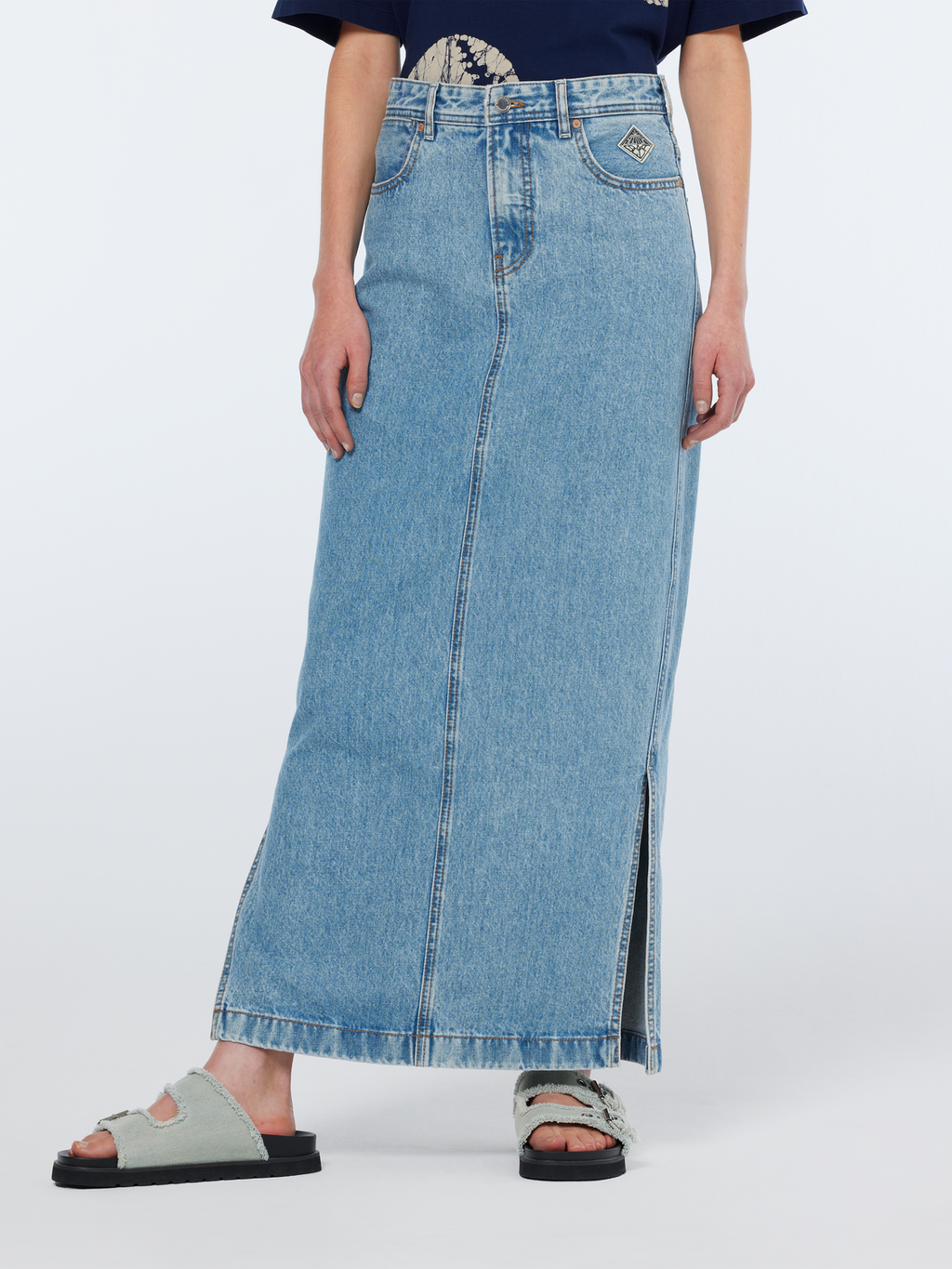 Low rise denim maxi skirt