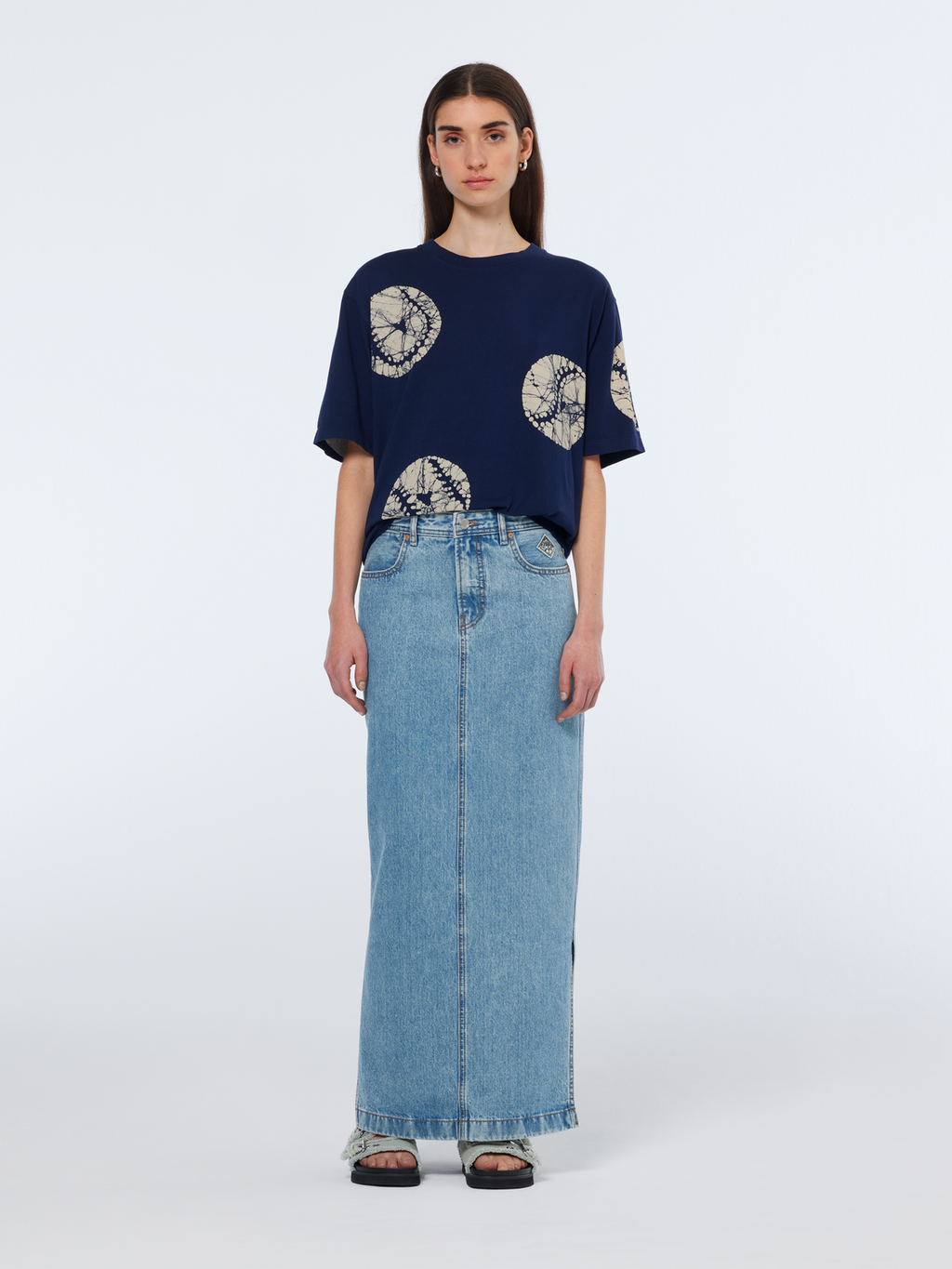 Low rise denim maxi skirt