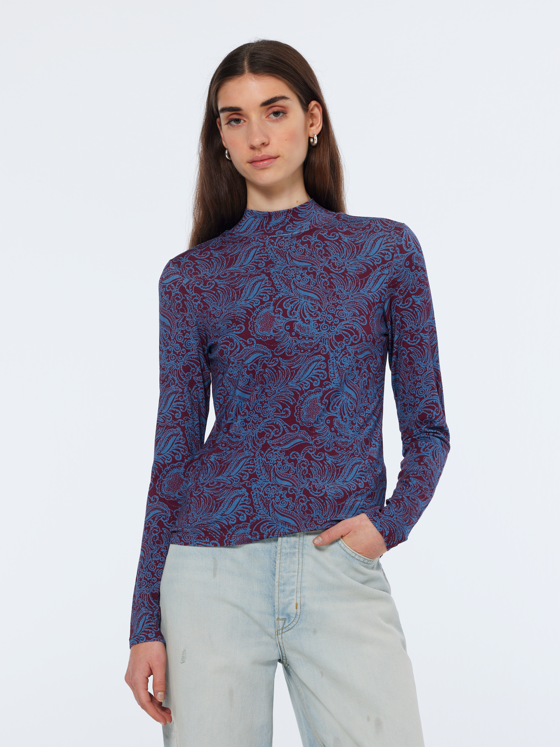 printed mock neck long sleeve top
