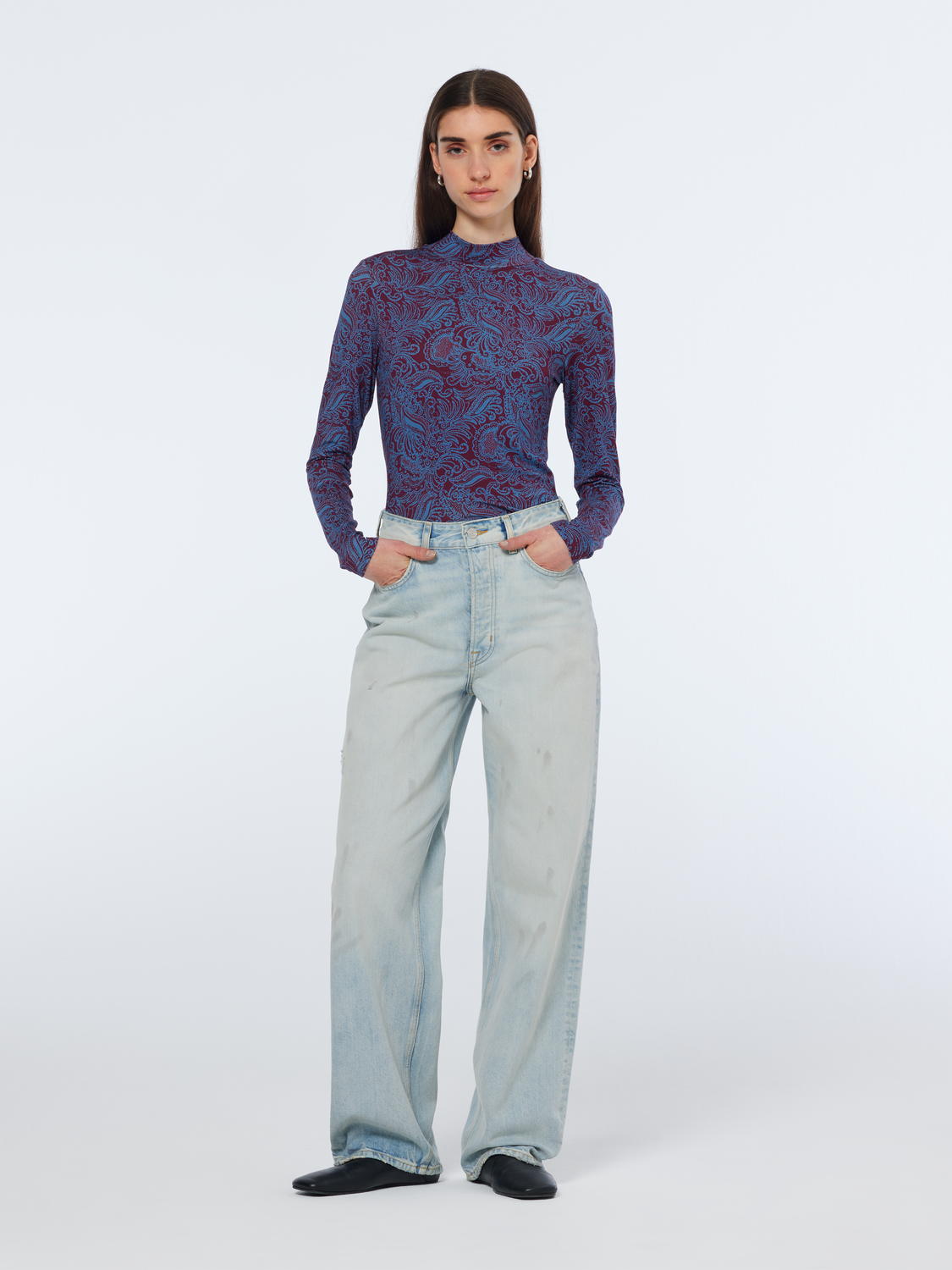 printed mock neck long sleeve top
