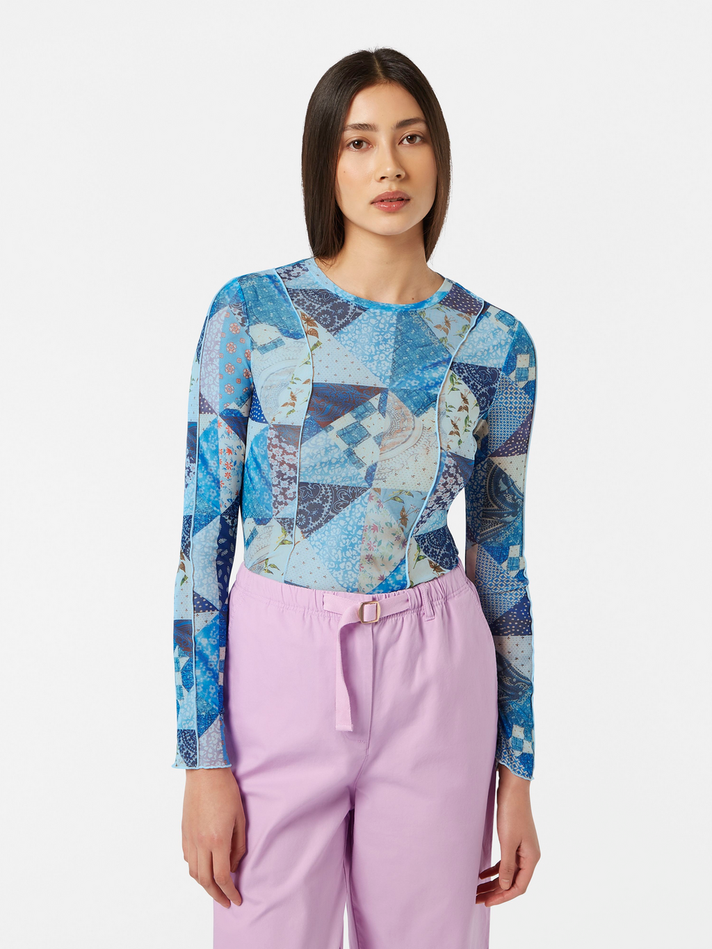 print mesh long sleeve t-shirt