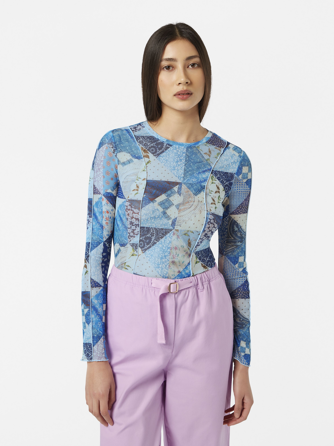 print mesh long sleeve t-shirt