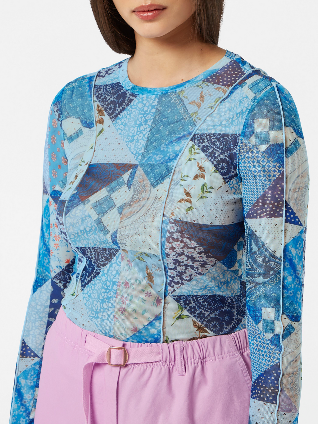 print mesh long sleeve t-shirt
