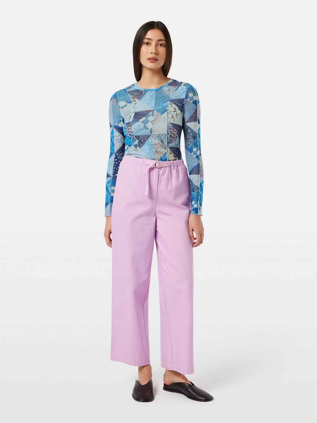 print mesh long sleeve t-shirt