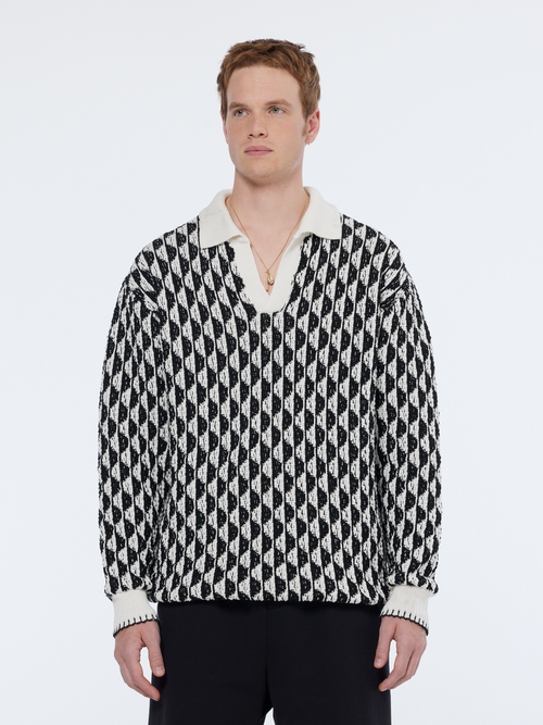 Textured jacquard dropped shoulder long sleeve polo