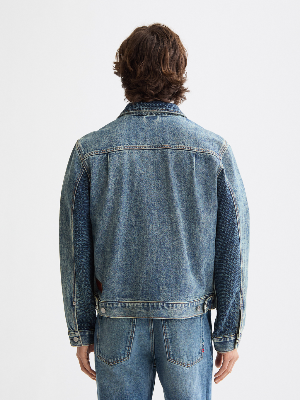 Denim trucker jacket with contrast check panelling