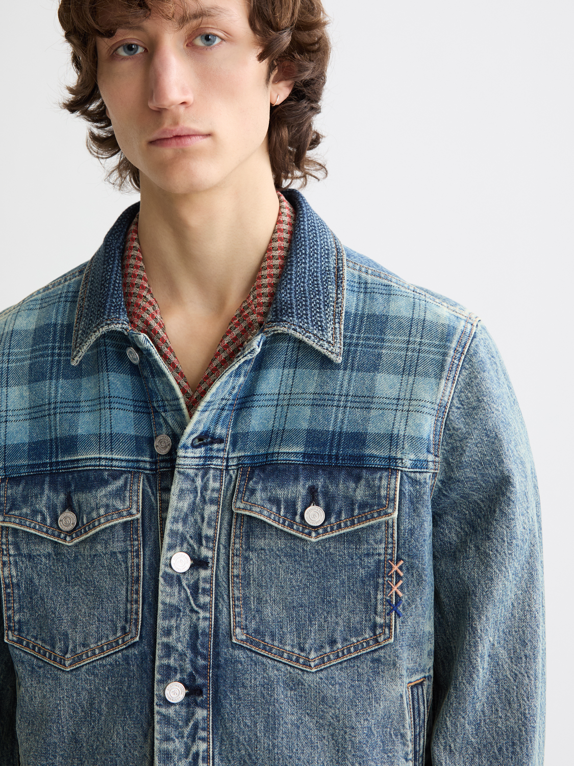 Denim trucker jacket with contrast check panelling