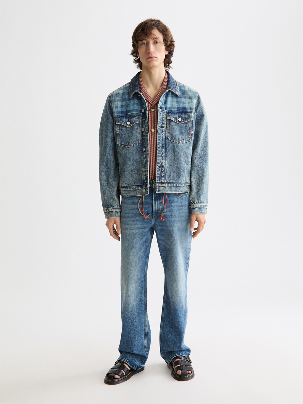 Denim trucker jacket with contrast check panelling
