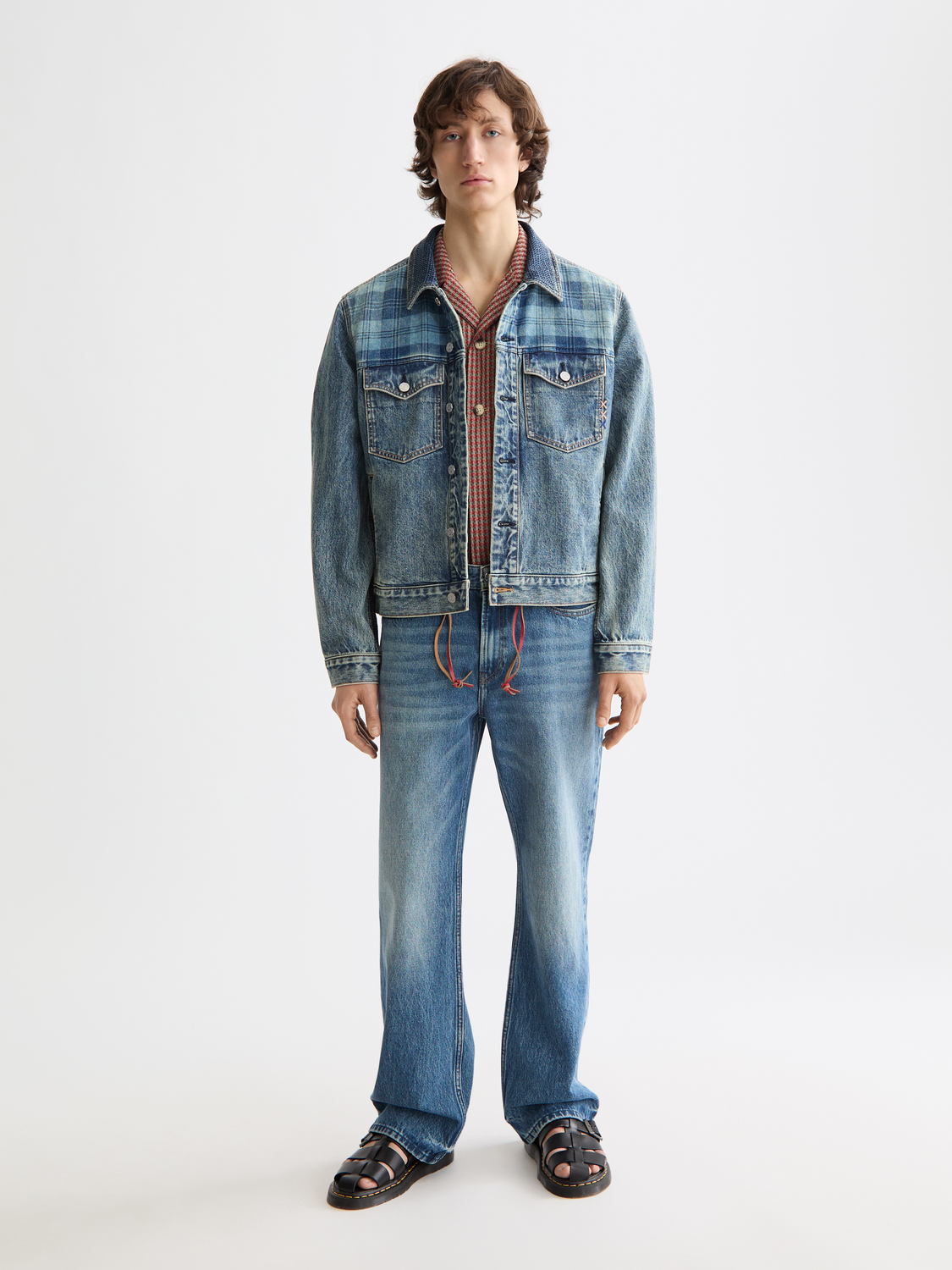 Denim trucker jacket with contrast check panelling