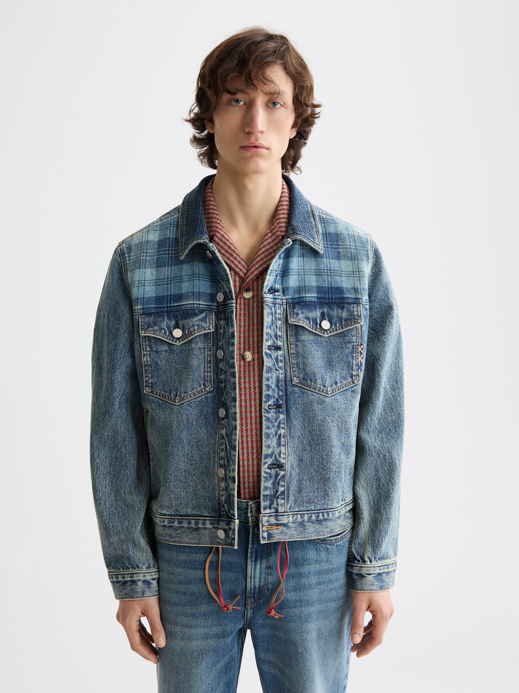 Denim trucker jacket with contrast check panelling