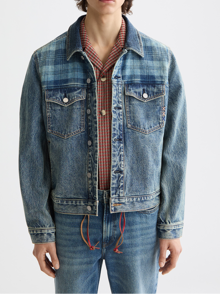 Denim trucker jacket with contrast check panelling– Scotch & Soda 