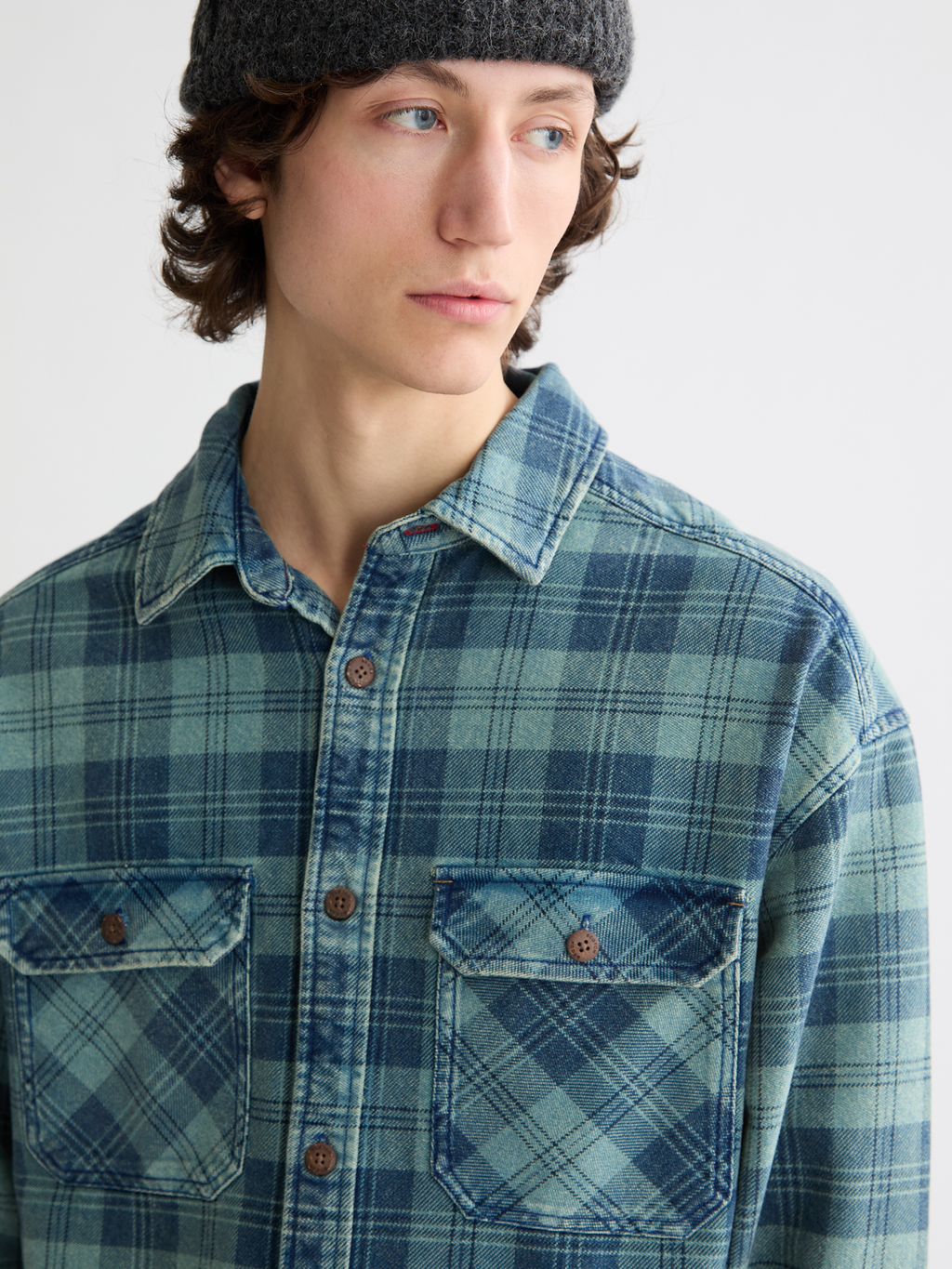 Washed denim checked overshirt