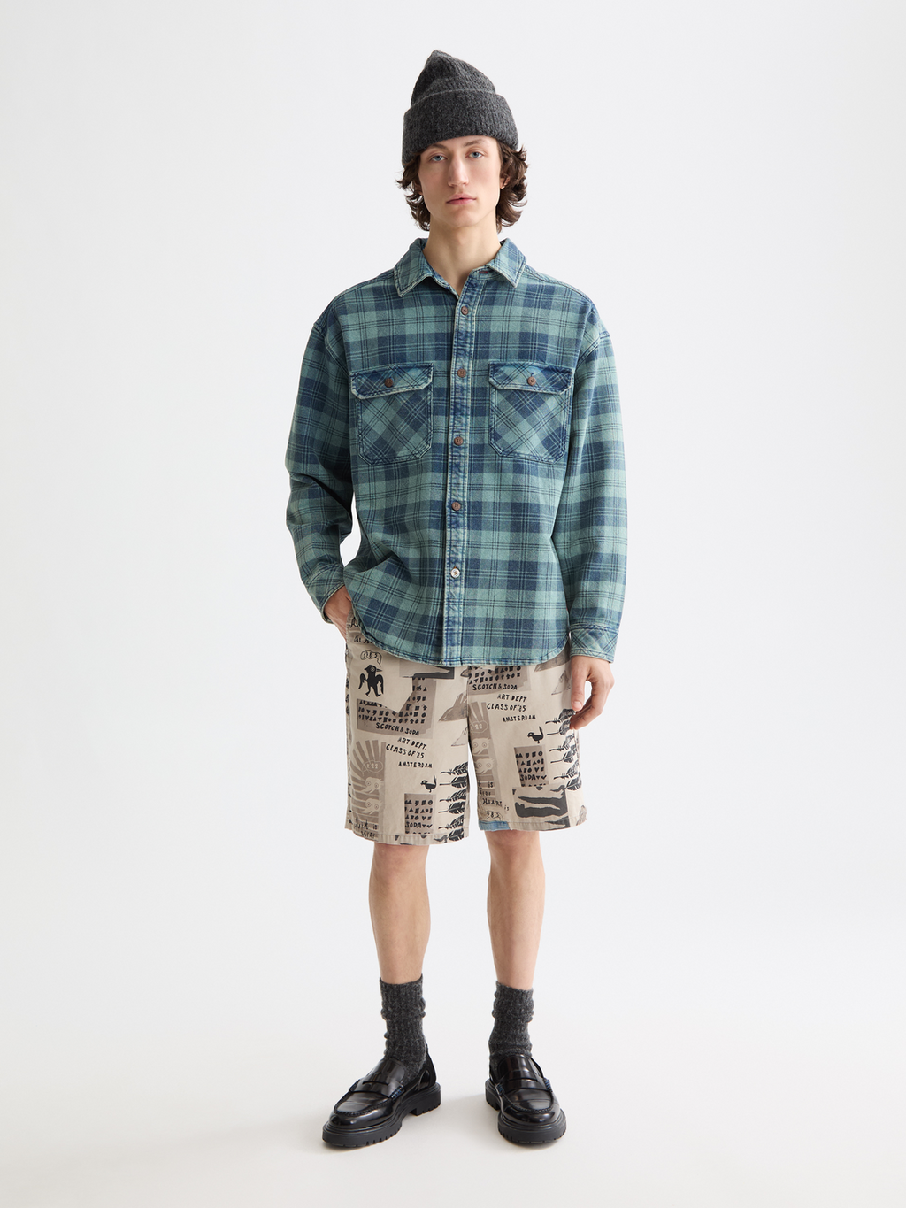 Washed denim checked overshirt