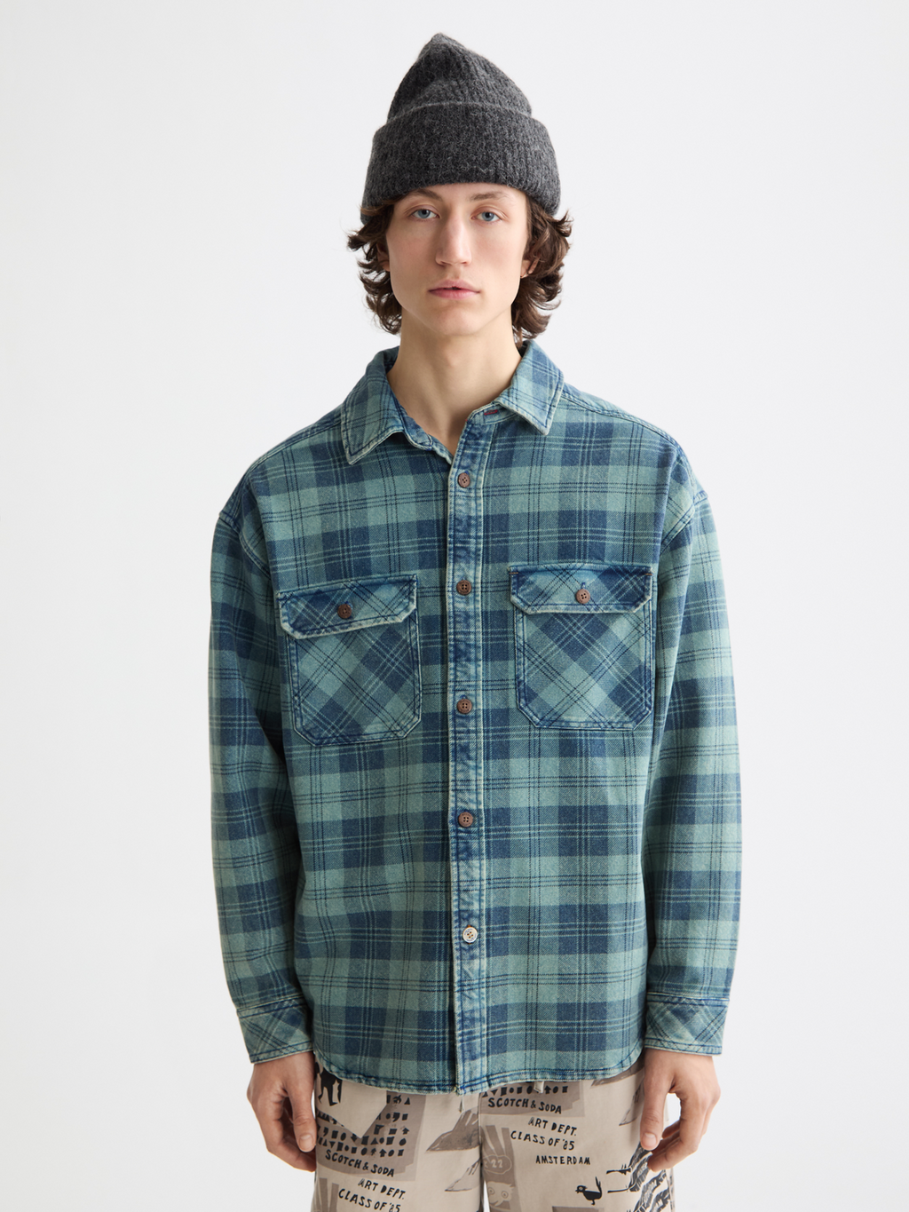 Washed denim checked overshirt
