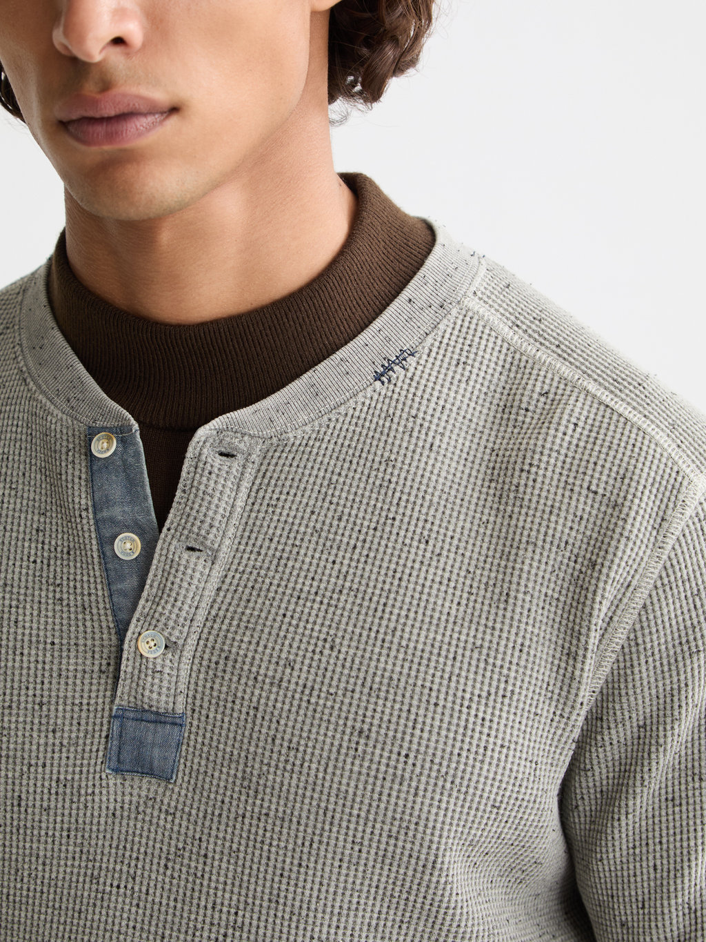 long sleeve henley with chambray details