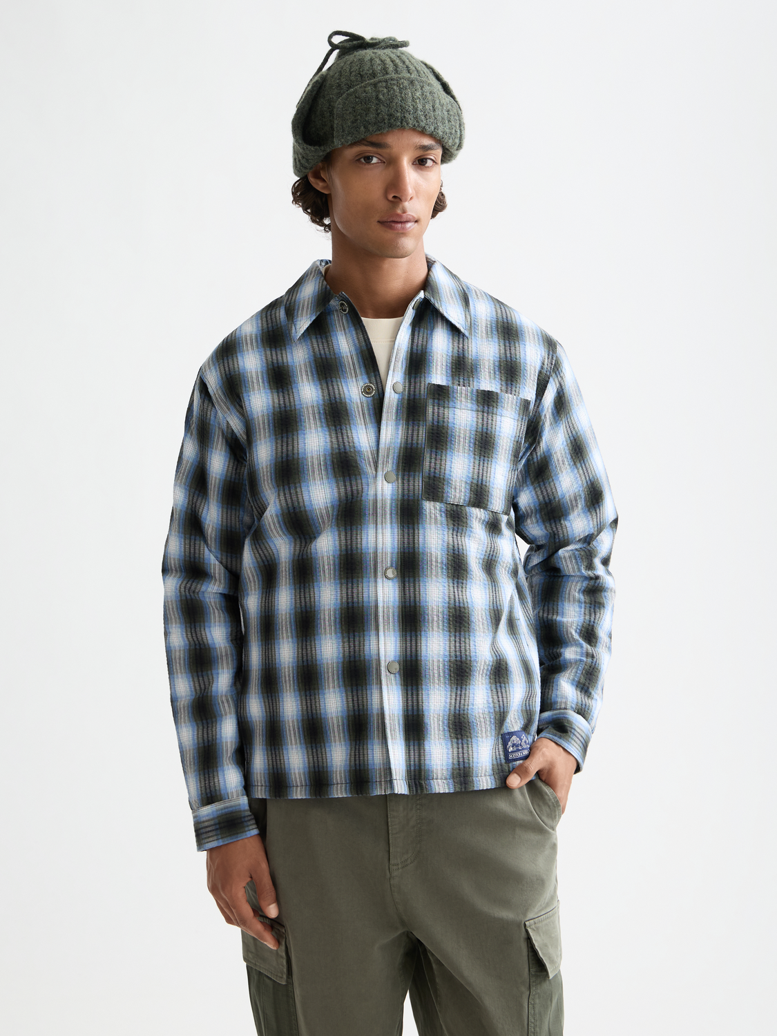 Seersucker check padded overshirt