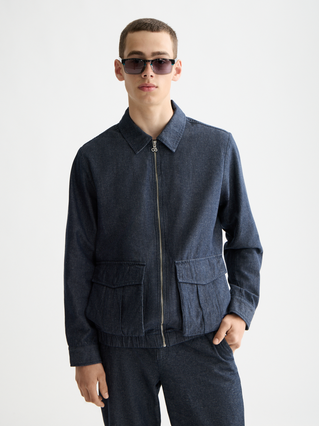 Cotton linen zip-thru twill blouson