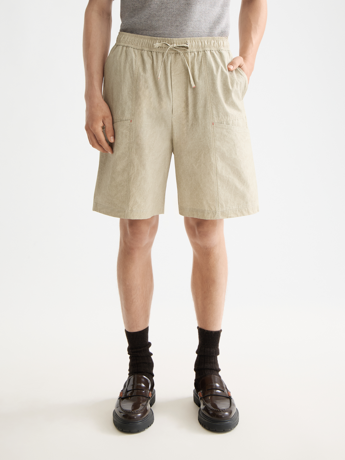 Washed nylon-blend poplin wide cargo bermuda