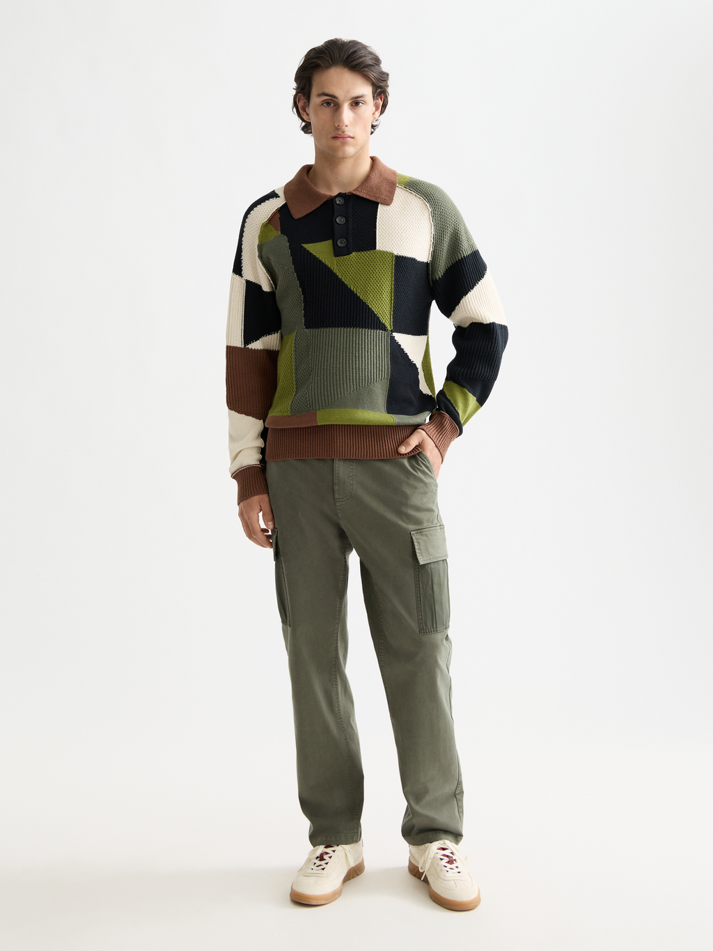 Patch work long sleeve polo