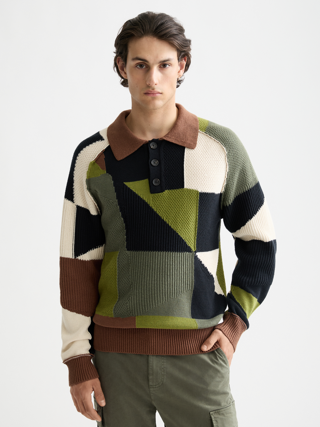 Patch work long sleeve polo