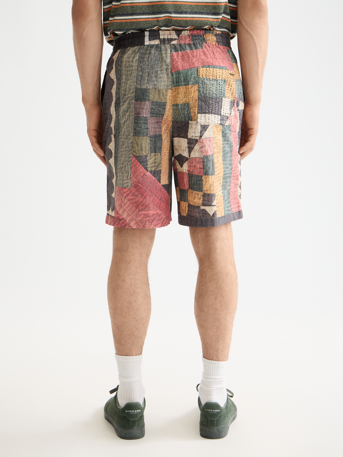 Printed patchwork cotton-poplin loose bermuda