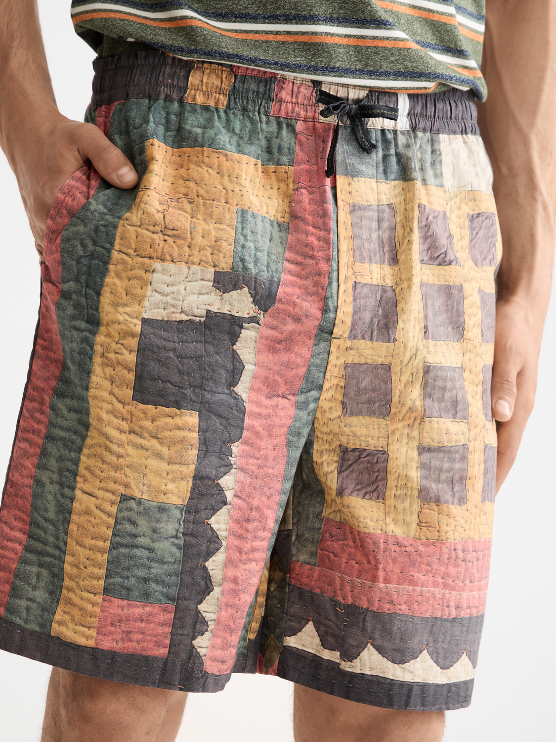 Printed patchwork cotton-poplin loose bermuda