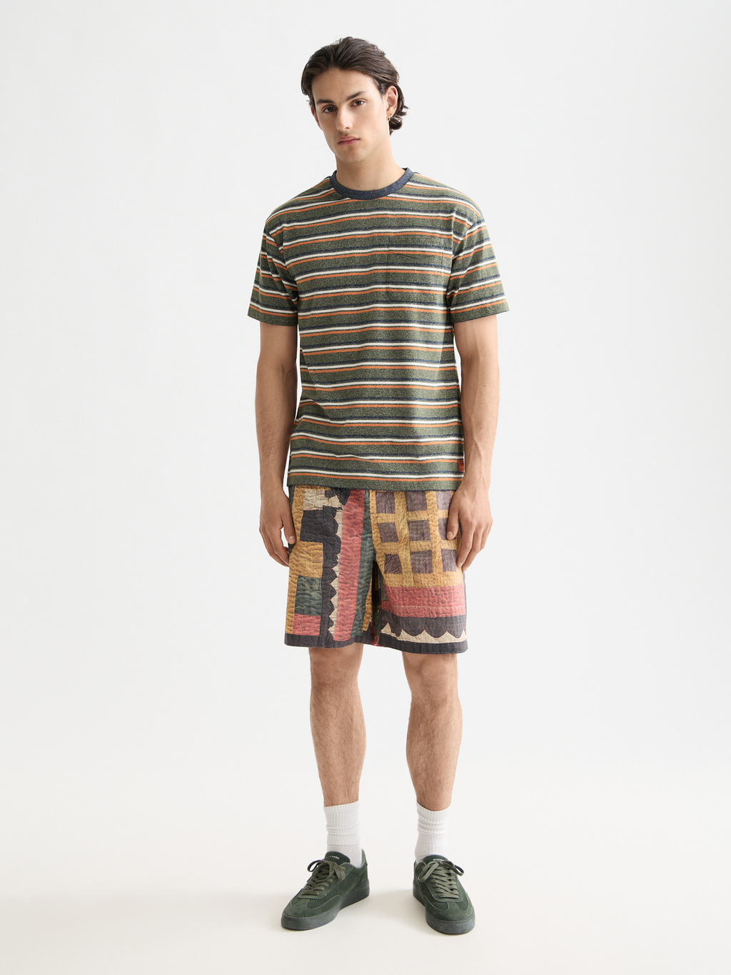 Printed patchwork cotton-poplin loose bermuda