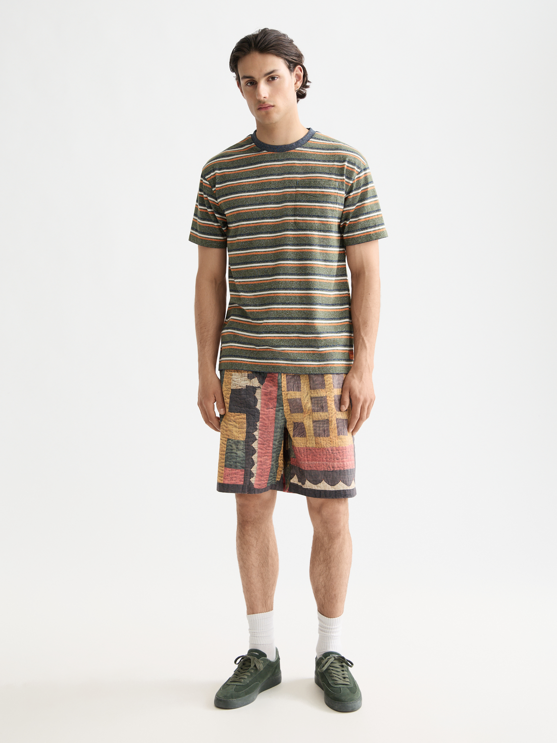 Printed patchwork cotton-poplin loose bermuda
