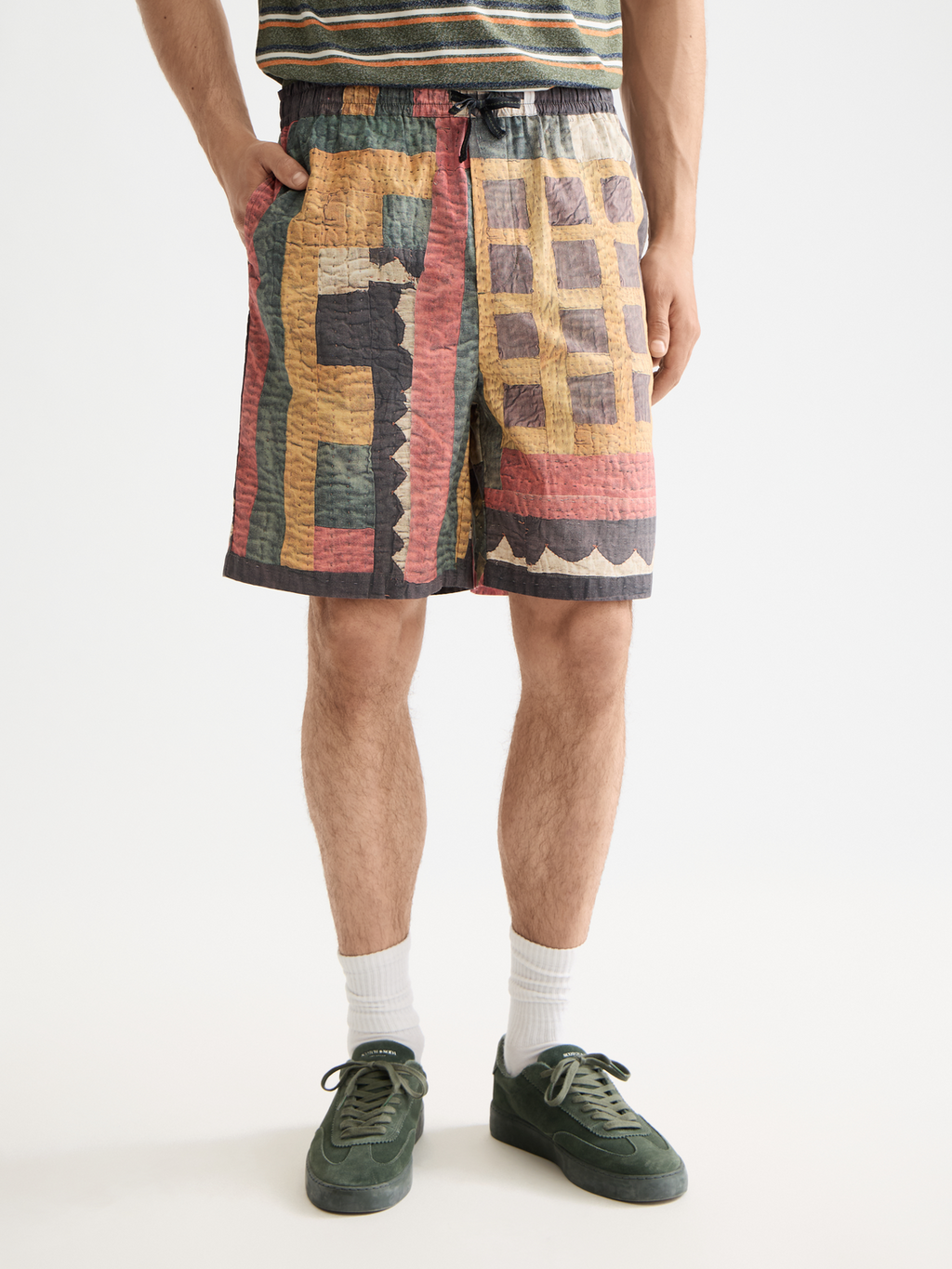 Printed patchwork cotton-poplin loose bermuda